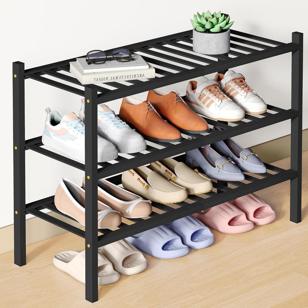 Smiry Bamboo Shoe Rack for Closet, 3 Tier Wooden Stackable Shoe Organizer, Free Standing Shoes Storage Shelf for Entryway, Front Door Entrance, Black