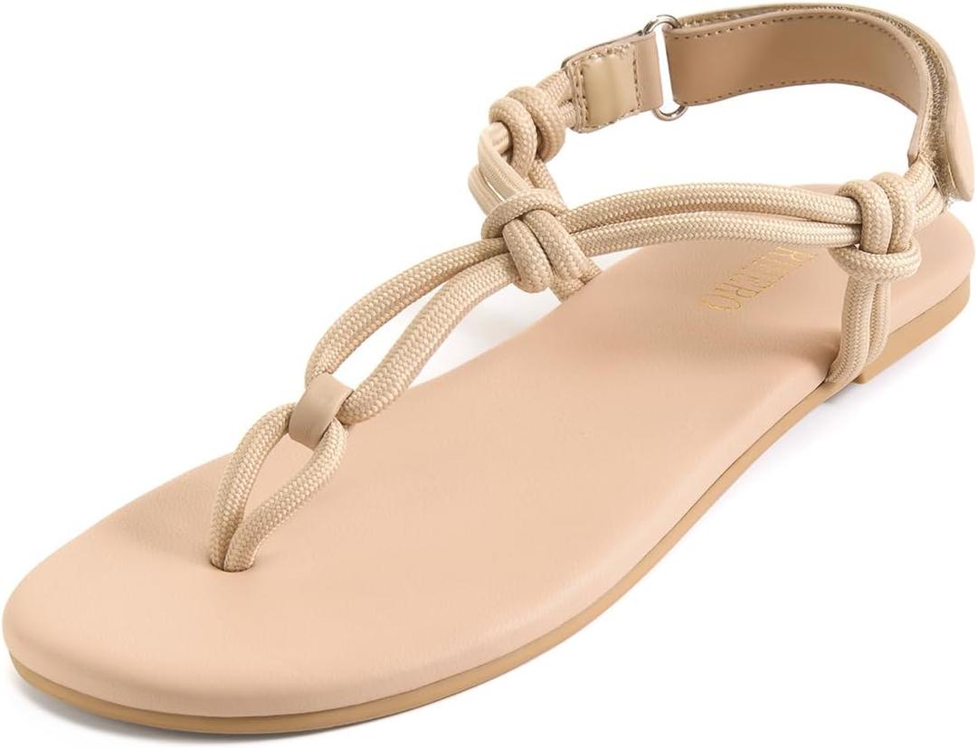 Rihero Rope Thong Sandals for Women Ankle Strap Slip On Comfortable Beach Flat Sandals (Beige)
