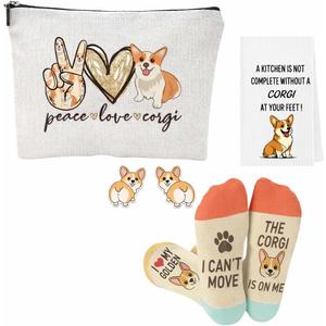 2 x Corgi Gifts for Corgi Lovers Set Includes Corgi Funny Socks, Makeup Bag, Cute Earrings, Stickers,Kitchen Towels -Corgi Gifts