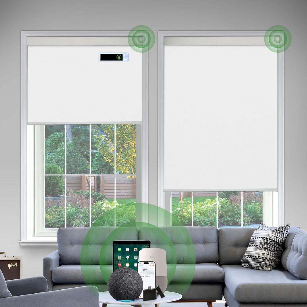 Motorized Blinds with Remote, Blackout Cooling Automatic Shades with Solar Panel Cordless Smart Blinds for Windows, Custom Electric Blinds Horizontal Roller Shades,White,30" W X 72" H