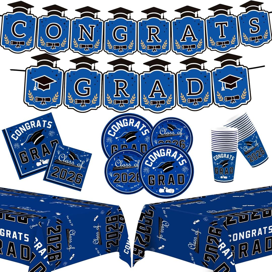 OHOME Graduation Decorations 2026 - Graduation Decorations Class of 2026 - Serve 24 - Blue Plates Tablecloth Napkins Cups Banner - Graduation Party Favors Supplies