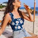 Ekouaer Women's One Piece Swimsuits Square Neck Tummy Control Bathing Suit with Adjustable Ruffled Straps Swimwear (Navy Floral, Small)