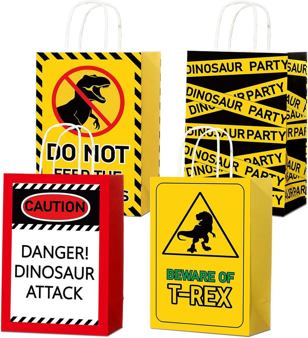 ZOIIWA Dinosaur Party Favor Bags Funny Dinosaur Party Decorations Dino Caution Signs Paper Gift Bags with Handles Beware Warning Signs Goodie Candy Treat Bag for Birthday Baby Shower Supplies,24pcs
