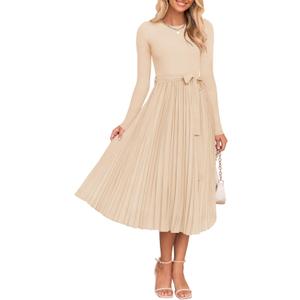 ZESICA Women's Fall Long Sleeve Midi Dress 2025 Casual Crewneck Knit Belted Pleated A Line Flowy Party Dresses