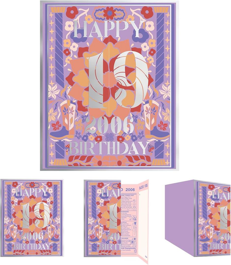 4 x qiqee 2025 19th Birthday Greeting Card, Jumbo Purple 19 Years Old Birthday Gift Card,Memory Back In 2006Envelope