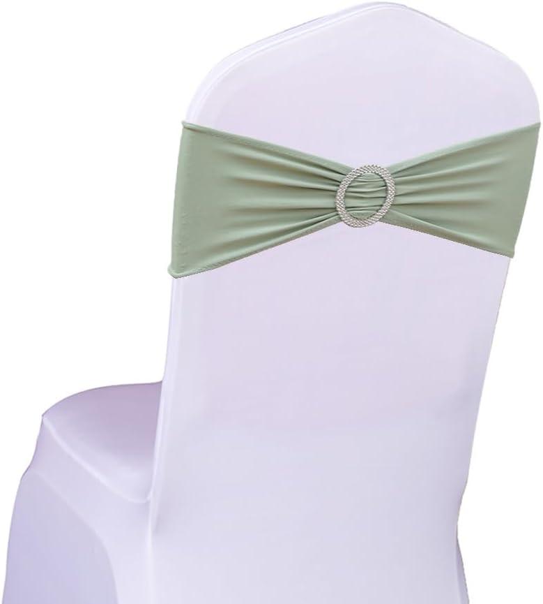 Pack of 50 Spandex Sage Green Chair Sashes Bows Elastic Chair Cover Bands Slider Buckles for Wedding Reception Banquet Bridal Decorations - Sage Green