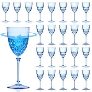 SKLENICE 24 pcs Plastic Blue Wine Glasses Set 7.4oz Detachable Small Wine Goblet Champagne Flutes Unbreakable Vintage Diamond Stemware Mimosa Drinking Glassware for Wedding Christmas Event Party