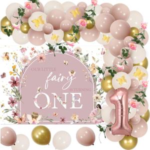Fairy First Birthday Decorations, Boho Fairy 1st Birthday Party Decorations Girl, Our Little Fairy Is Turning One Backdrop Butterfly Fairy Balloon Arch Stickers Artificial Flowers Garland