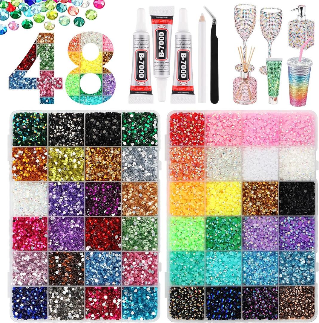 48000Pcs Resin Jelly Rhinestones Kit for Bedazzling,48 Colors Bedazzler Kit, 3mm