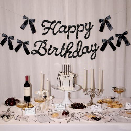 xo, Fetti Happy Birthday Banner, Black Glitter + Satin Bows - 5.5 Ft. | Birthday Decorations, Coquette Bday Decor, 30th Party Sign, 21st Photo Booth Backdrop