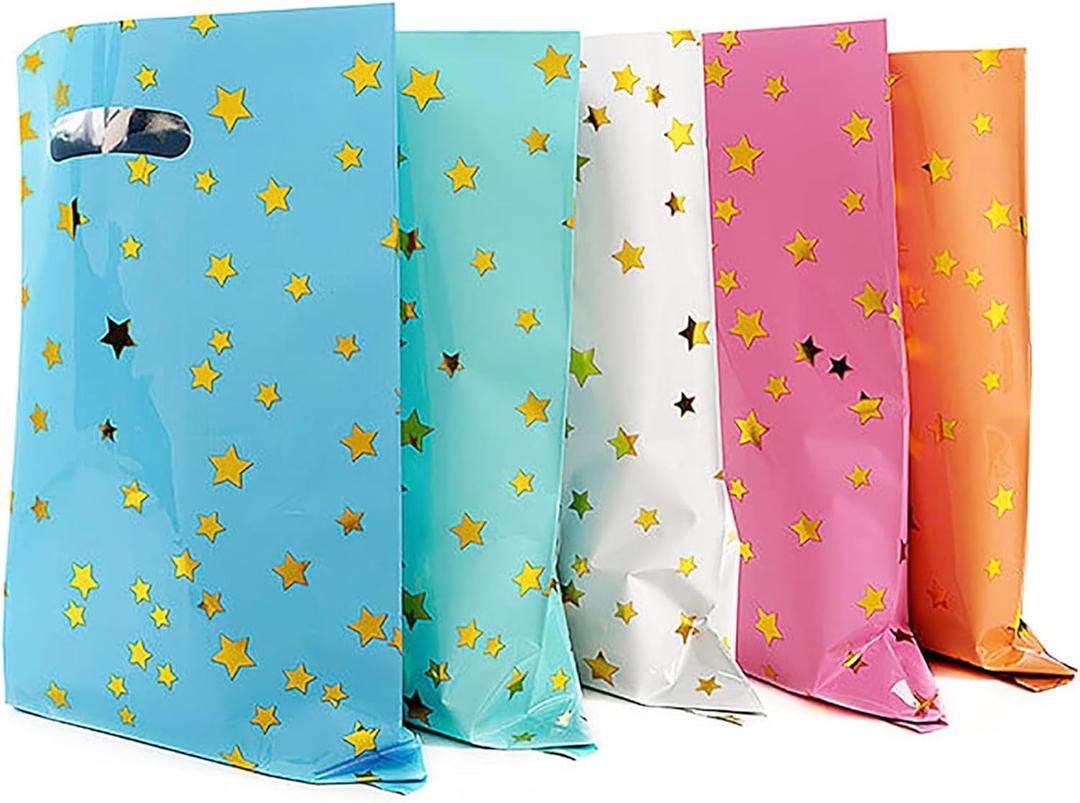 25 Party Favor Bags for Kids Birthdays, Goodie Candy Bags in 5 Colors with Star Pattern