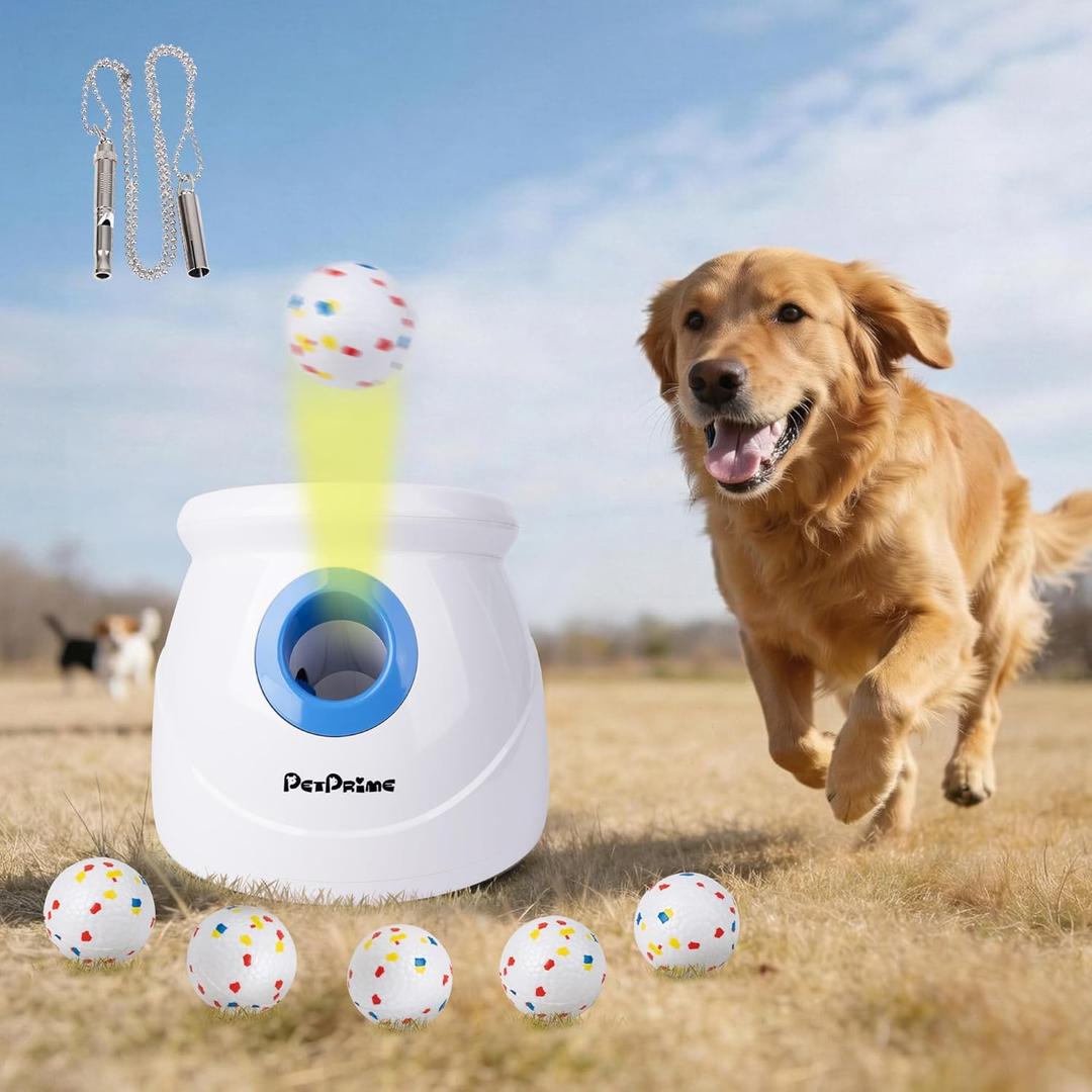 Pet Prime Upgraded Automatic Dog Ball Launcher for Large Dogs,Interactive Rechargeable Dog Ball Thrower Launcher Toy,Adjustable 10-64ft,6PCS 2.5" ETPU Balls & 1 Whistle Included,Outdoor Use