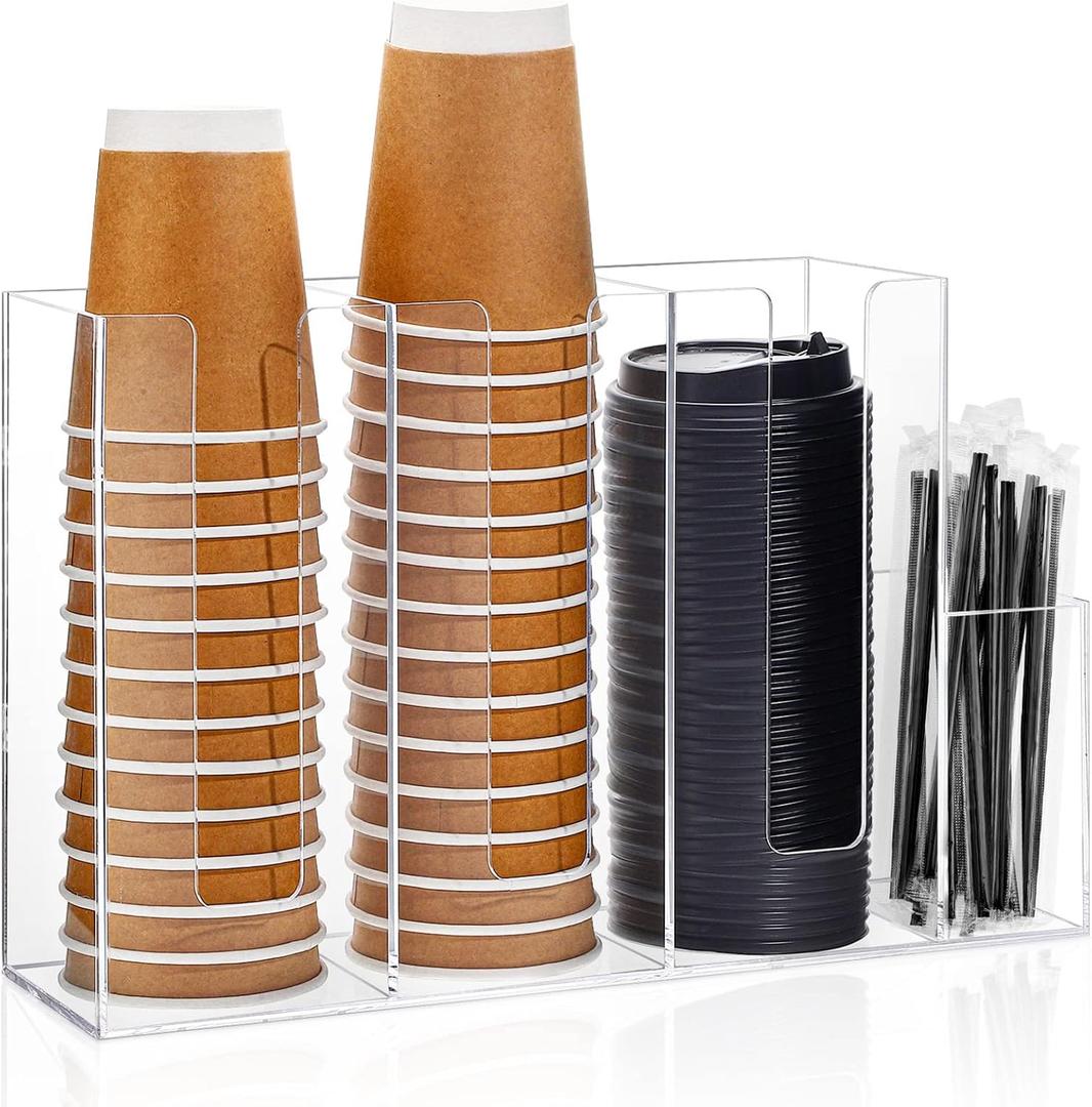 Cunhill 4 Compartments Acrylic Coffee Cup and Lid Storage Organizer Holder Disposable Paper Cup Dispenser Organizer Plastic Lid Holder Accessories for Kitchen Bar Shop Party Supplies(Transparent)