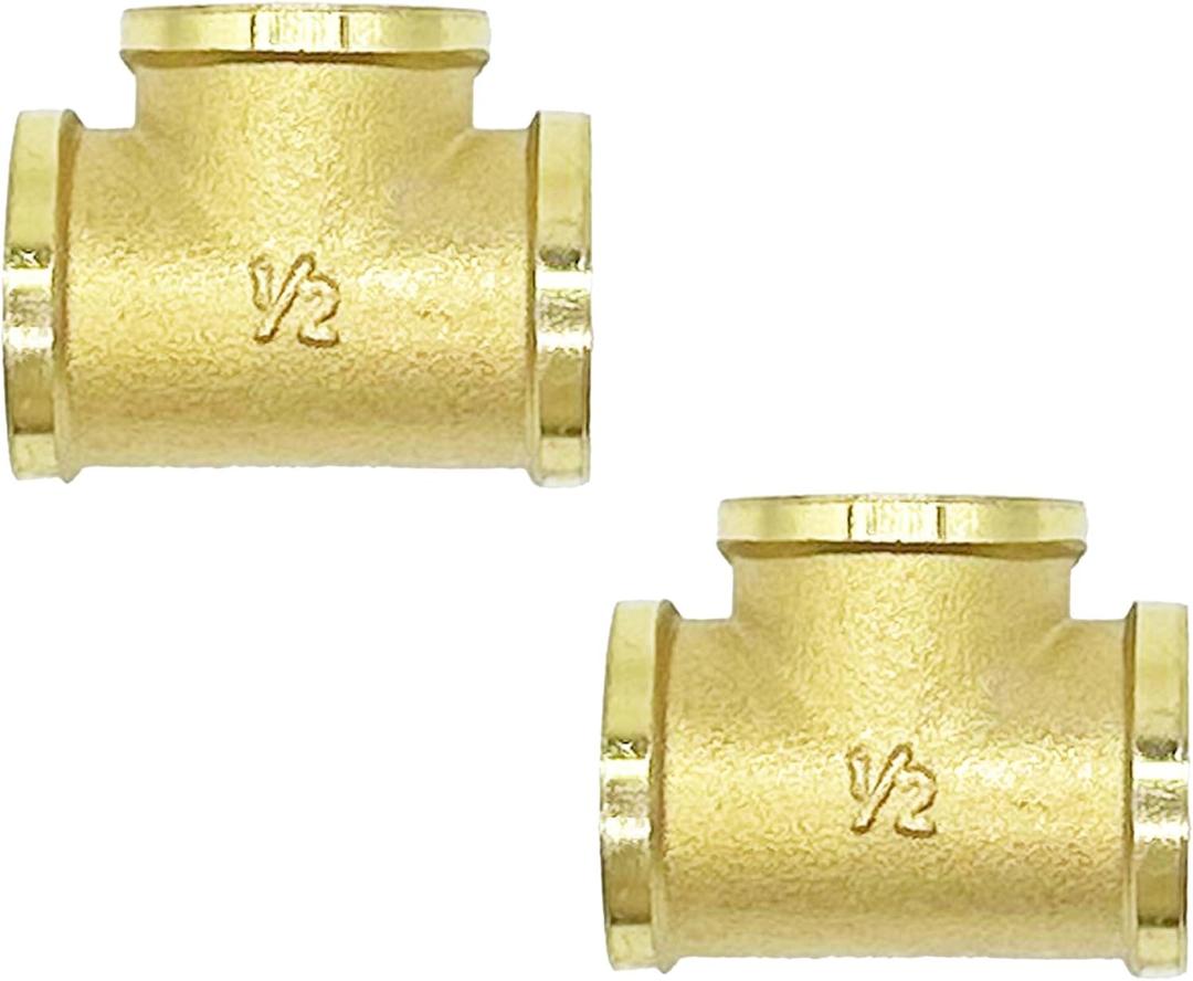 1/2 Brass Tee 3 Way Pipe Fitting NPT 1/2" x 1/2" x 1/2" Female Pipe Fittings Cast T Connector(2 PCS)