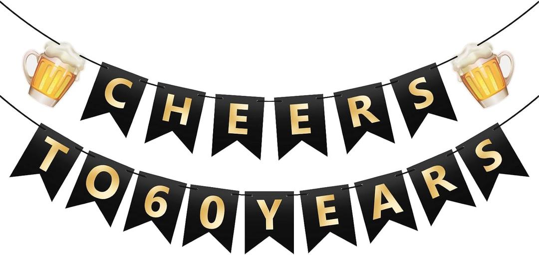 2 x Beer 60th Birthday Banner - Happy 60th Birthday Banners Decorations Pre-Strung Cheers to 60 Years Paper Graland Aniversary Party Supplies for Men Women (Black Gold)