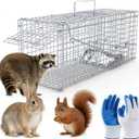 Live Animal Cage Trap, 26"x9.8"x9" Heavy Duty Folding Humane Traps Galvanized Steel Trap Cage with 1x Pair of Gloves for Raccoon, Squirrel, Stray Cats, Groundhogs, Armadillos, Opossums, Rabbits