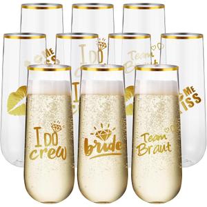 Reallnaive 12 Pcs Bridesmaid Wine Glasses Bachelorette Party Champagne Flutes 9oz Disposable Stemless Glass Champagne Flutes Gold Rim Toasting Glasses for Weddings and Parties with 12 Pcs Stickers