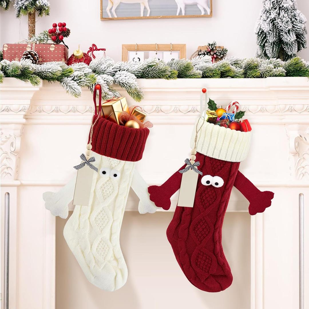 Christmas Stockings Magnetic Holding Hands Socks with Name Tags, Knitted Christmas Stocking Stuffers Boys Girls Personalized Xmas Party Home Decor Funny Socks Gifts, Red and White, 2 Pack