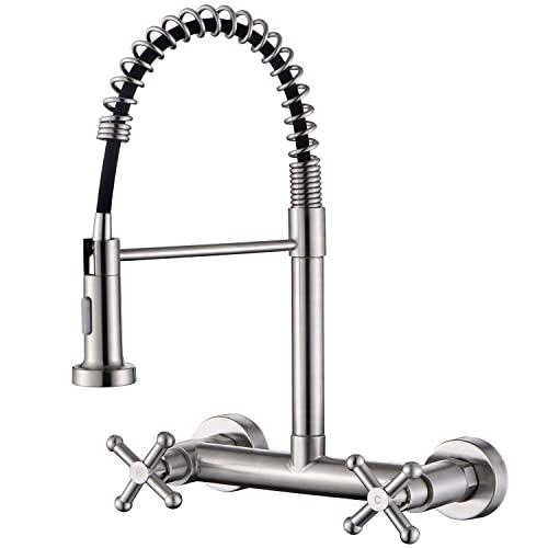 Wall Mount Kitchen Sink Faucet with Pull Out Sprayer Tow Function Commercial Spring Faucets 2 Industrial Handle High Arc Center Kitchen Faucets, Brushed Finish
