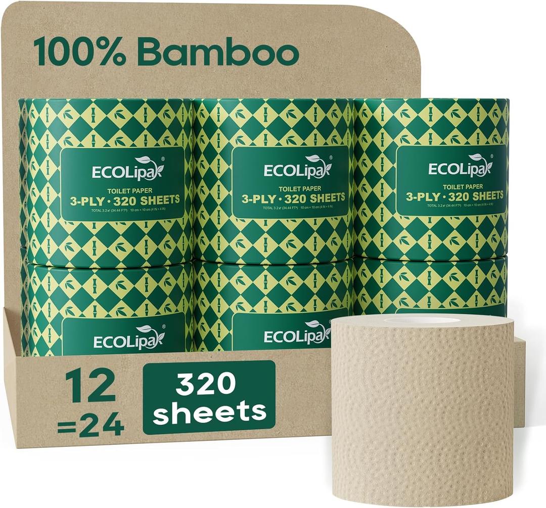 ECOLipak Bamboo Toilet Paper 3 Ply, Septic Safe Toilet Tissue, 12 Double Rolls, 320 Sheets Per Roll, Tree Free, Non Toxic, Soft and Absorbent, Eco Friendly Dye-Free Paper, Brown