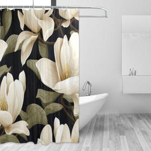 J JOYSAY White Magnolia Flowers Fabric Shower Curtains with Buttonholes Hooks Water Repellent Washable Cloth Shower Curtain for Bathroom Hotel Decor 72 X 72 Inches
