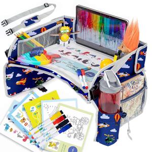 PILLANI Kids Travel Tray for Car - Toddler Airplane Travel Essentials w/ Activity Sheets, Pens & Dry Erase Board - Kids Travel - Must Have Toddler Lap Desk Organizer for Airplane - Travel Accessories