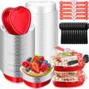 Yinkin 50 Sets 9 oz Mother Day Heart Shaped Cake Pans, 5.4'' Heart Aluminum Foil Cupcake Pans with Lids Spoons Sealing Sticker Disposable Dessert Baking Pan for Wedding Birthday Party(Red)