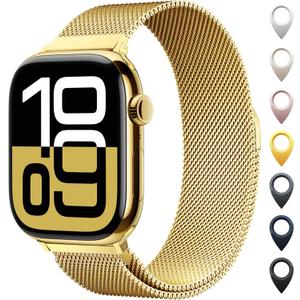 Original Stainless Steel Mesh Loop Compatible with Apple Watch 38mm 40mm 41mm 42mm 44mm 45mm 46mm 49mm Women Men, Magnetic Clasp Replacement for iWatch Bands Series 11 10 9 8 7 6 5 4 Ultra SE 3 2 1 (Golden)