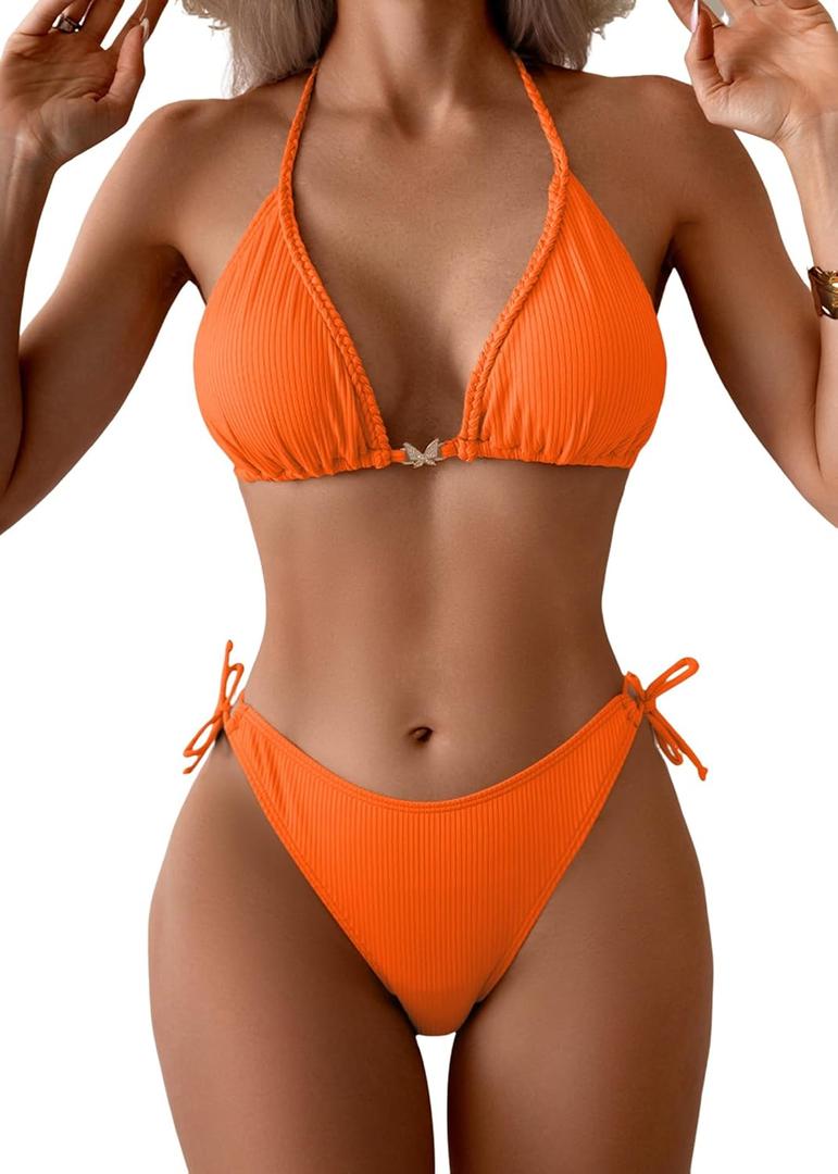 Eomenie Womens Ribbed Bikini Set Sexy Halter Triangle Top Swimsuit Tie Side Two Piece Bathing Suit Moderate Coverage (XX-Large, Neon Orange)