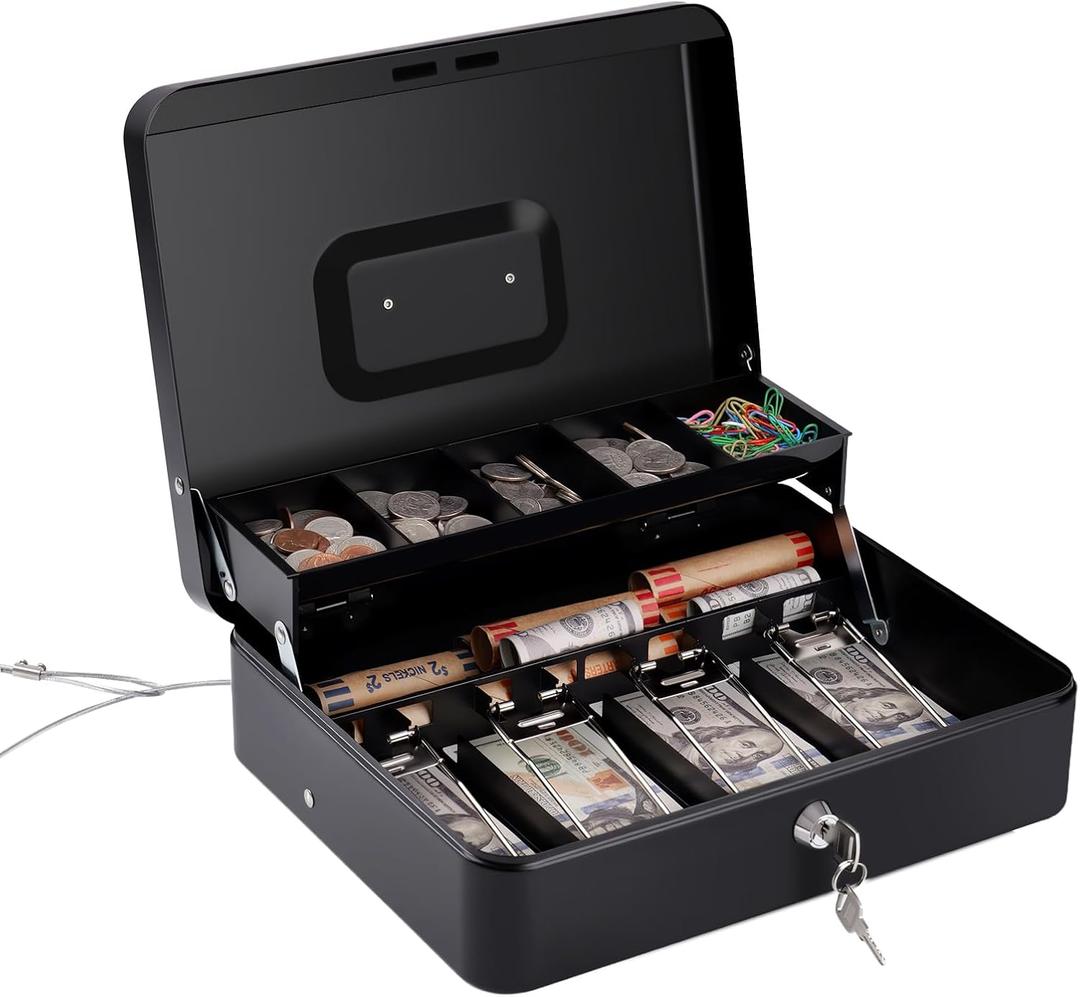 Sumerfnt Cash Box with Money Tray and Lock Money Box with Security Cable, Metal Locking Cash Box - 11.8" x 9.4" x 3.54" Black