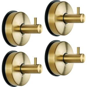 YOHOM Suction Cup Hooks for Shower Gold Towel Holder Stainless Steel Vacuum Bathroom Shower Hook Suction Washcloth Hanger Kitchen Towel Rack for Robe Loofah Wreath Glass Door Window Wall Brushed 4Pcs