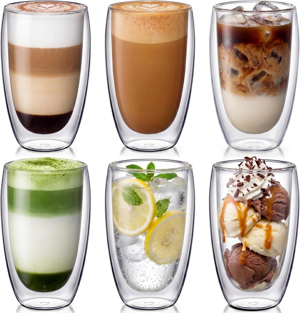 6 Pack 16oz Double Walled Glass Coffee Mugs, 450ml Large Borosilicate Insulated Clear Glass Cups for Latte Cappuccino Espresso Tea Matcha Hot or Cold Drinks