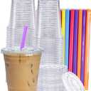 GUSTO [16 oz. - 100 Count Clear Cups with Flat Lids & Straws - Disposable Clear Drinking Cups for Iced Coffee, Cold Drinks, Milkshakes, and Smoothies - Formerly Comfy Package