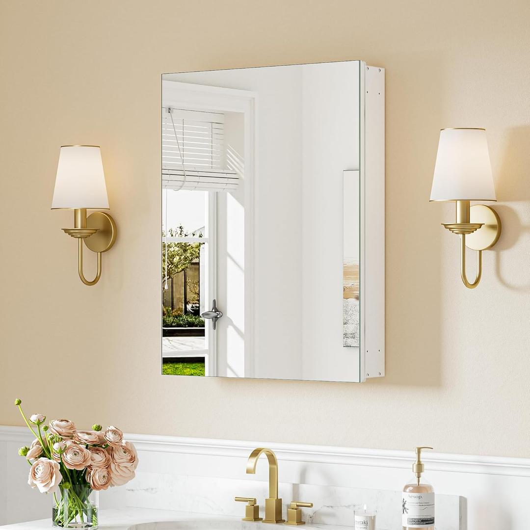 Keonjinn 20 x 26 Inch Small Medicine Cabinet, Assembly Required, White Bathroom Mirror with Storage, Lightweight, Freely Adjustable Shelves, Tempered Glass, Soft Closing, Recessed or Wall Mount