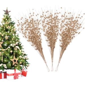 Christmas Artificial Glitter Berry Stem Decorations Decorative Bead Sticks Xmas Picks Glittery Twigs Branches for Christmas Tree Wreath Gift Vase Decor Party Ornaments Champagne 24 PCS