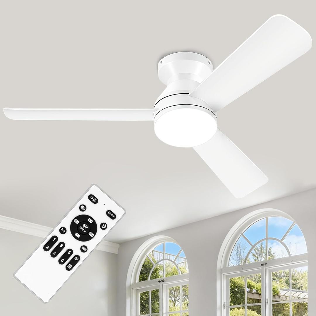 42 Inch Ceiling Fans with Lights and Remote, Low Profile Ceiling Fan with Light Flush Mount, Reversible, 6 Speeds, 3CCT Dimmable White Ceiling Fan for Bedroom Dinning Room Indoor, White 42"D x 42"W x 8.7"H