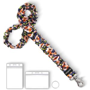 Lanyardio Stretchy Scrunchie Lanyard for ID Badges Keys, Cute Teacher Lanyard for Women with 2 Card Holders 19.6 Inch (Pink Flowers)