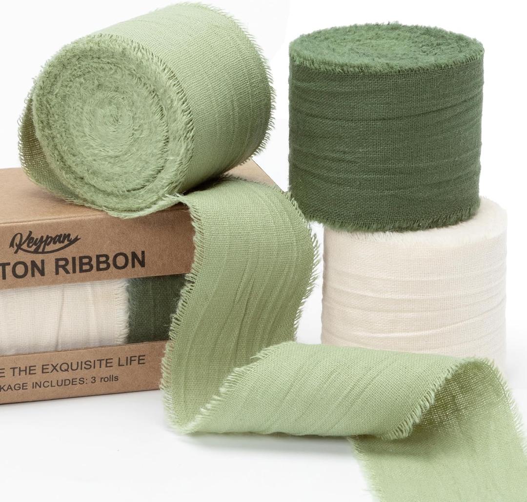 Sage Green Ribbon 1-1/2 Inch x 15 Yards Crinkle Fabric Cotton Ribbons for Gift Wrapping Wedding Invites Bouquets Party DIY Crafts Home Decor