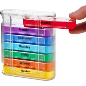MEDca Weekly Pill Organizer, Four Times-a-Day, 1 Dispenser with Stackable AM/PM Compartments (Multicolor)