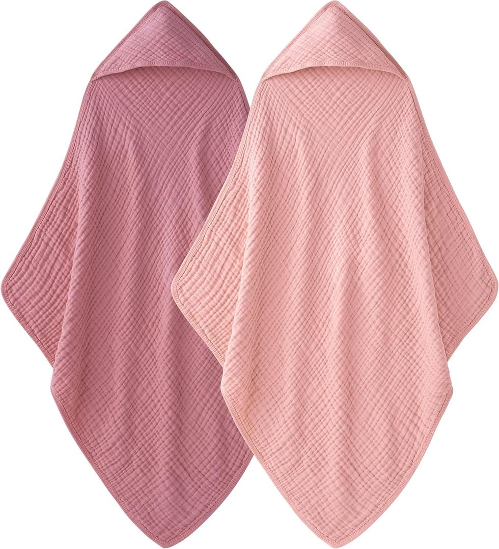 Hooded Baby Towels for Newborn - 2 Pack, 100% Muslin Cotton, Baby Bath Towels with Hood, Soft and Absorbent for Girls Infant, Toddler and Kids, Large 32x32 Inches, Newborn Essential (Peach Pink & Dark Pink)