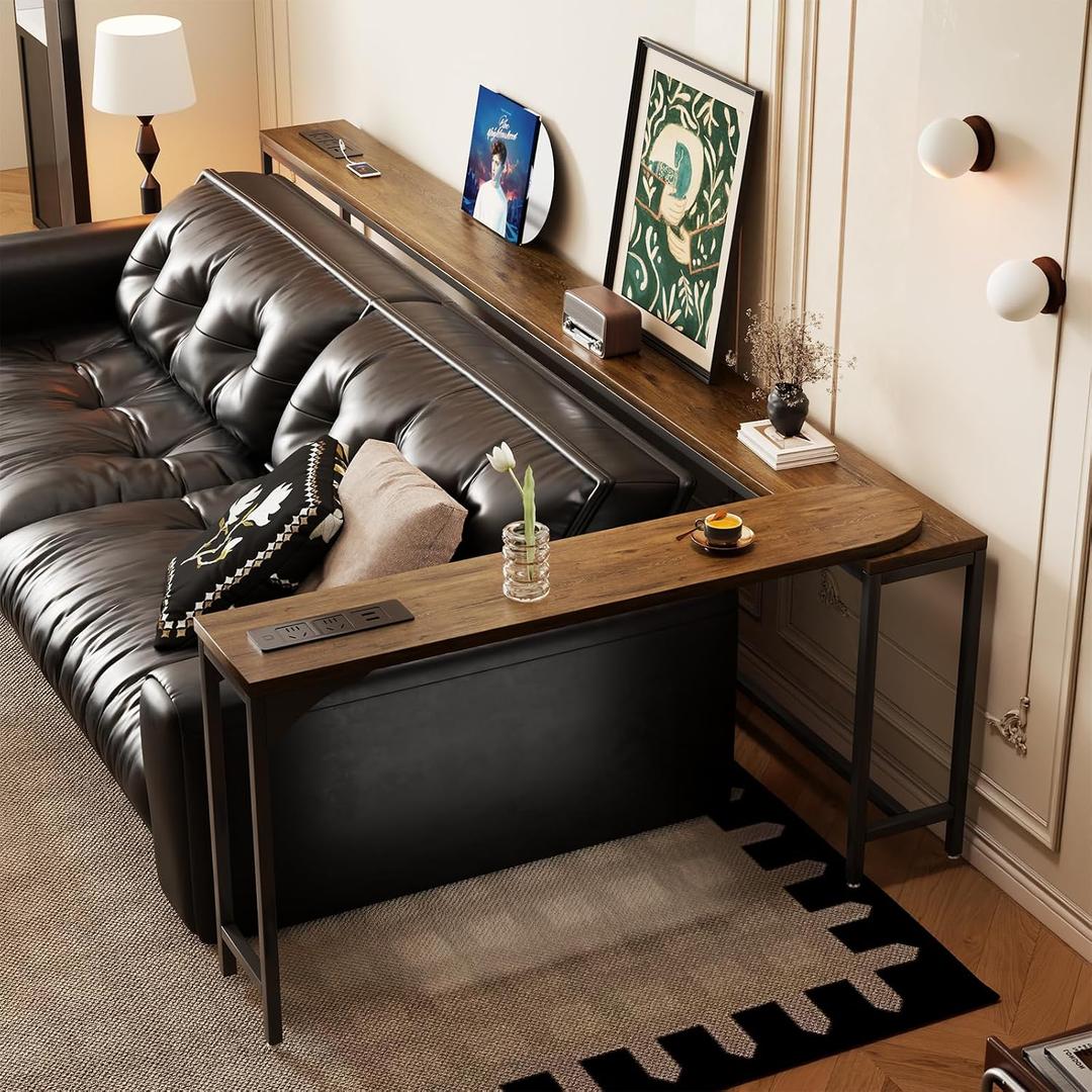 Narrow Sofa Table with Outlets, Adjustable Length Behind Couch Console, 64.57" x 5.91" x 31.1" - Rustic Brown