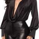 LYANER Women's Satin Collar Neck Drape Ruched Front Long Sleeve Blouse Shirt Top (Medium, Black)