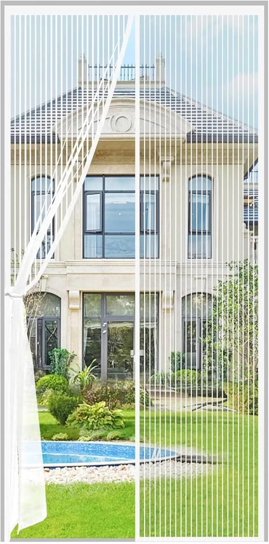 Magnetic Screen Door Fit Door Size 35×78 inch, Screen Itself Size:37"x79", Hands Free Self Sealing, Full Frame Magic Tape Mesh Screen Door with Magnets Heavy-Duty Mesh Curtain for Entry Door-White