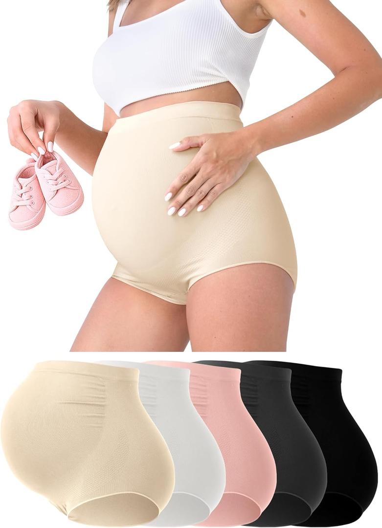 Rnxrbb M-5XL 3-5 PCS Maternity Underwear Seamless Plus Size Over Bump Maternity Panties Support Clothes Cotton (Black+beige+pink+gray+white) (XL)