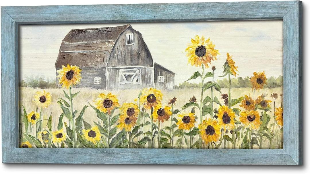 ArtSquare Rustic Summer Sunflowers Cabin Wood Framed Wall Art 40x20 Inch