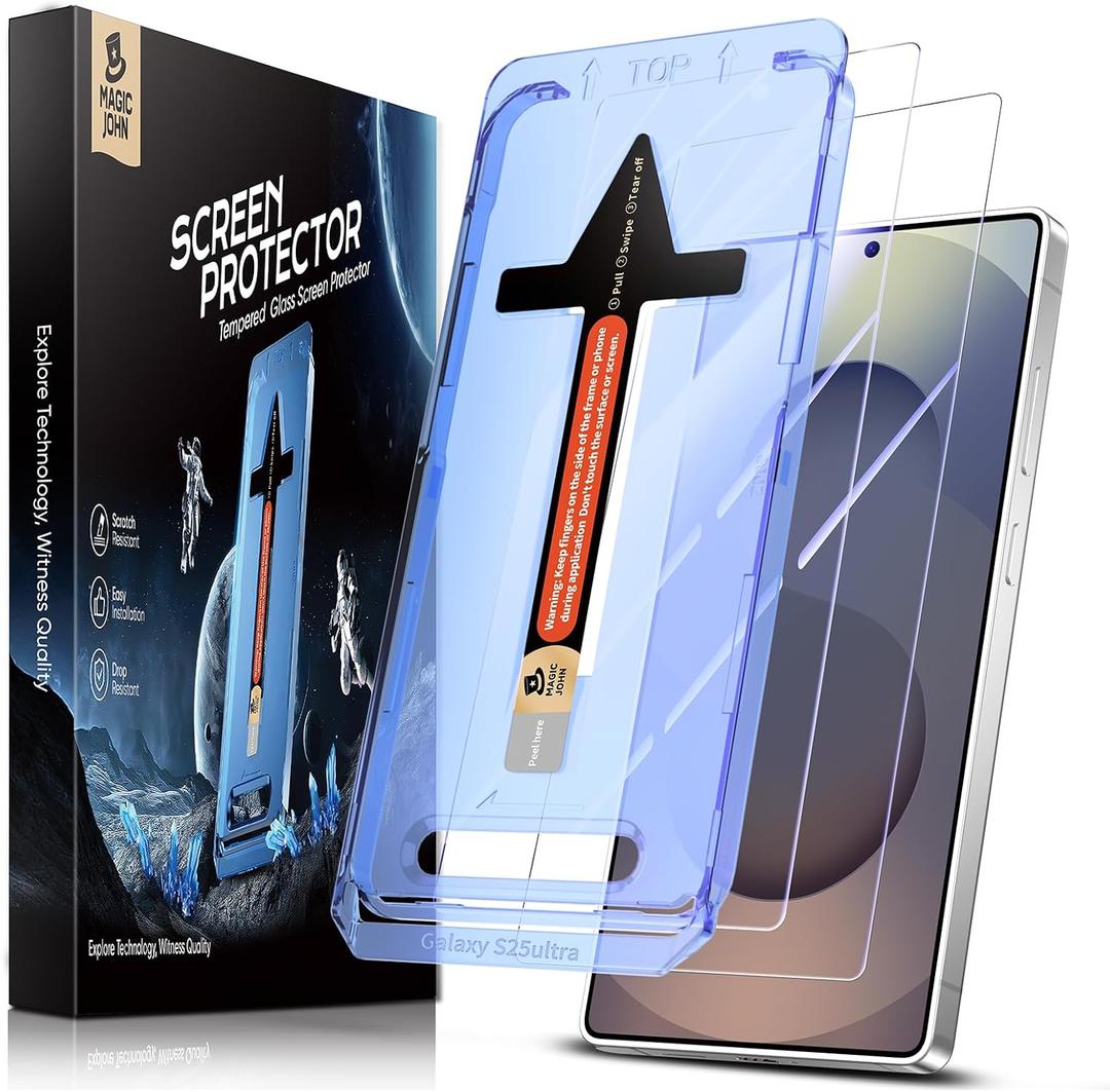 MAGIC JOHN 2 Pack for Samsung Galaxy S25 Ultra Tempered Glass Screen Protector, Bubble Free, Easy Installation, Auto Dust-Elimination