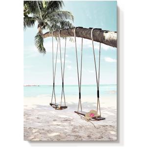 Beach Coastal Canvas Wall Art: Seaside Palm Tree Painting Ocean Swing Hanging on Coconut Trees Picture Light Blue Sky Seascape Artwork Decor for Living Room 36"x24"x1panel
