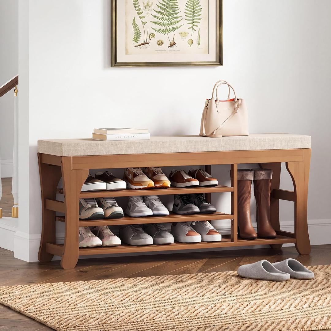 PETKABOO 39.4" Shoe Storage Bench with Cushion, 3-Tier Shoe Rack Bench with Adjustable Shelf, 400 LB Capacity, Boot Storage Compartment, Shoe Organizer for Entryway, Hallway, Bedroom, Closet