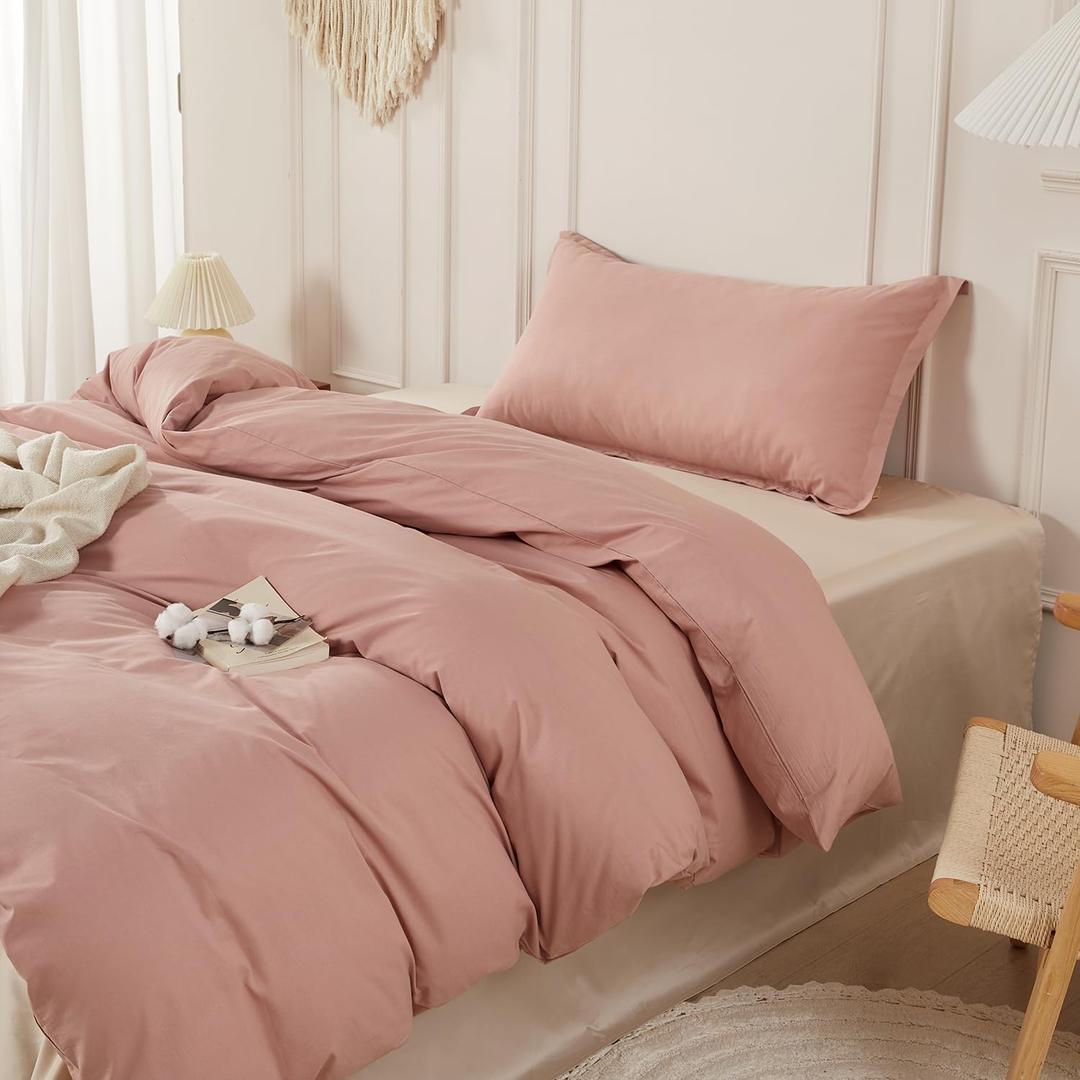 SAPHREAS 100% Washed Cotton Duvet Cover Twin Size Set, Linen Like Comforter Cover with Zipper Closure & Corner Ties (No Comforter), 68x90 Dusty Rose