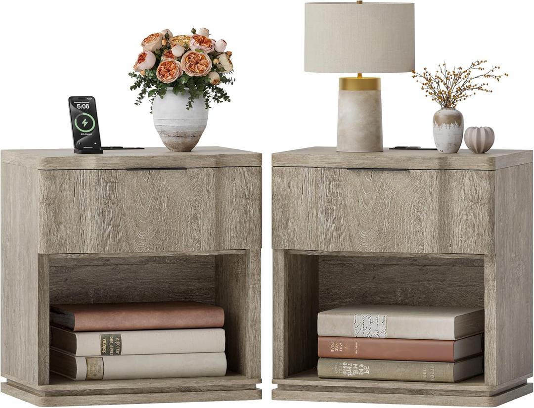 Night Stand Set of 2 with Charging Station, Mid Century Modern Wood Nightstand with Drawer, Bedside Table with Storage, Large Rustic Farmhouse Accent End Tables for Bedroom Office (Natural Gray-b)